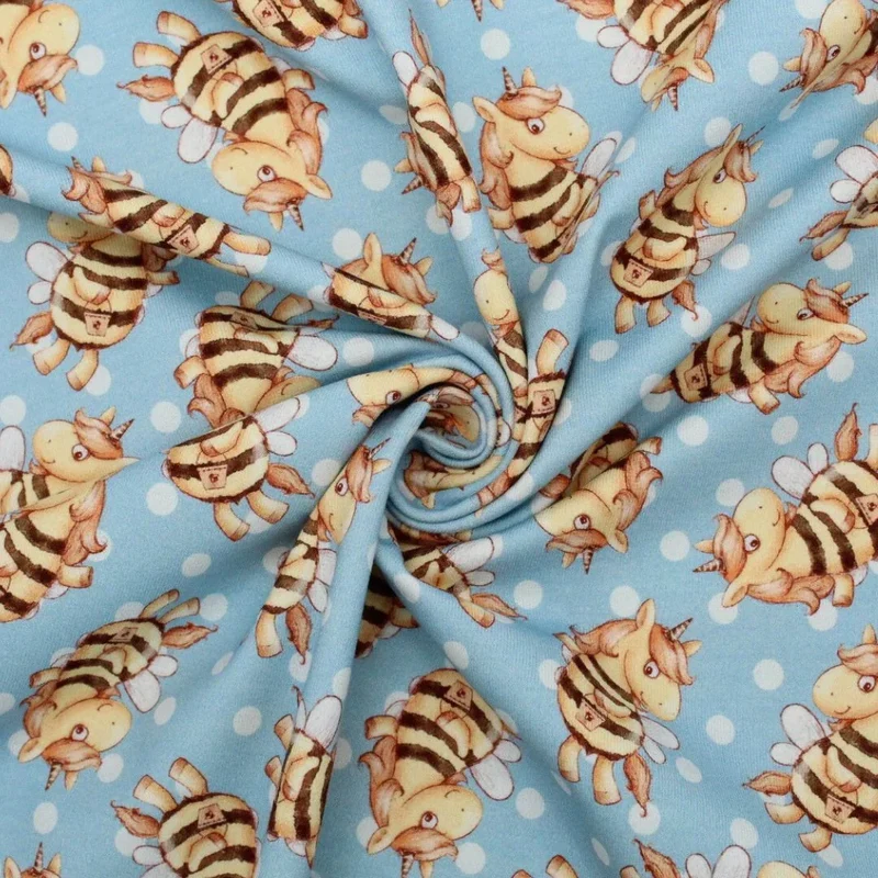 Jersey Stoff Einhorn Biene Blau