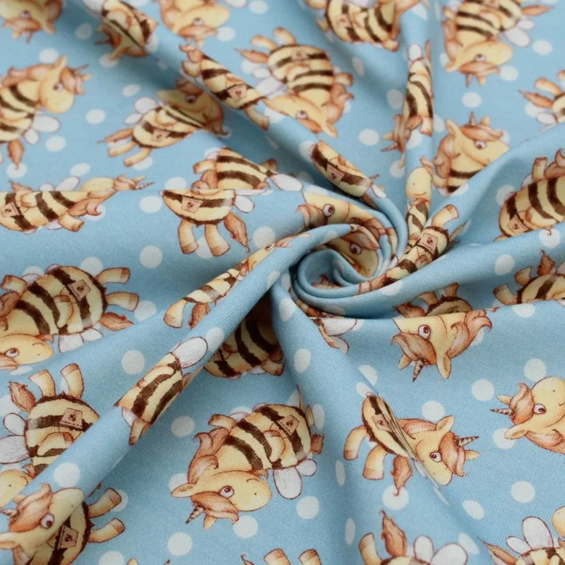Jersey Stoff Einhorn Biene Blau