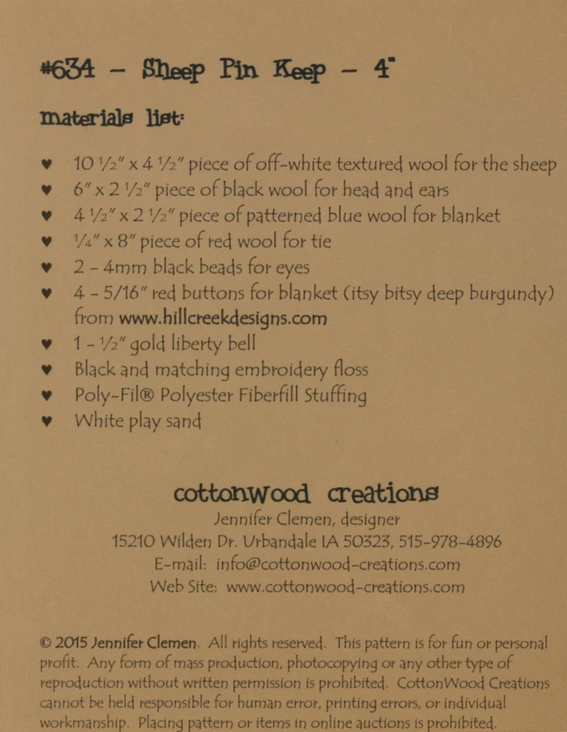 Cotton Wood Creation Sheep Pin Keep Pattern 4"