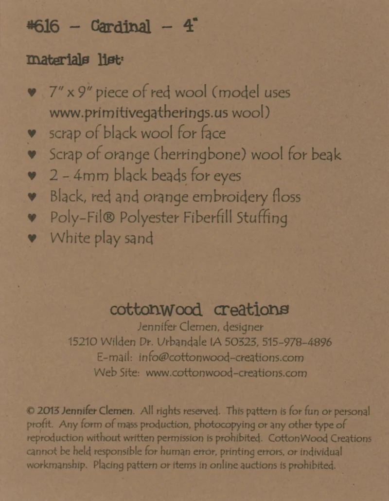 Cotton Wood Creations, Cardinal Mini Pattern