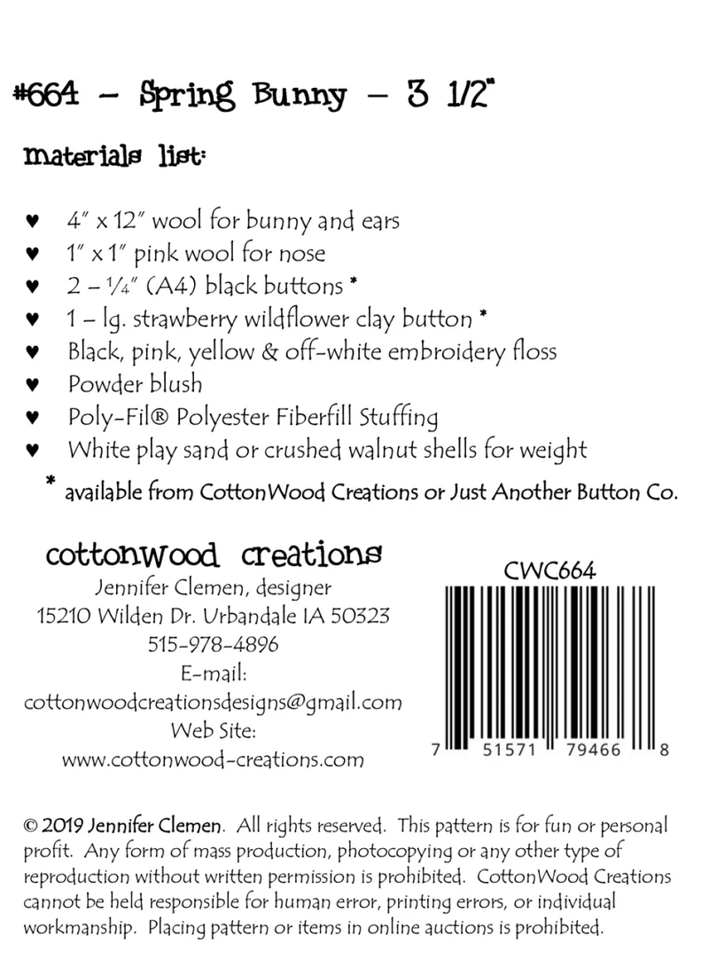 Cottonwood Creations, Spring Bunny Pattern
