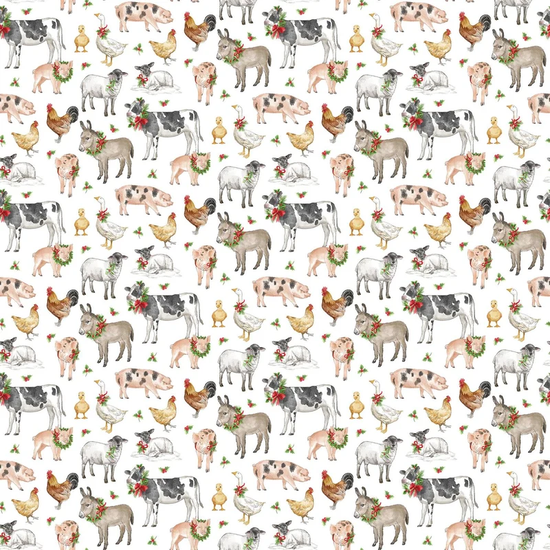Northcott, Barnyard Christmas, Farm Animals on White
