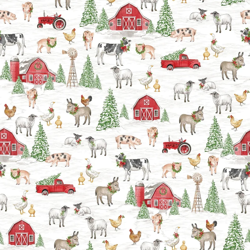 Northcott, Barnyard Christmas, Scenic on White