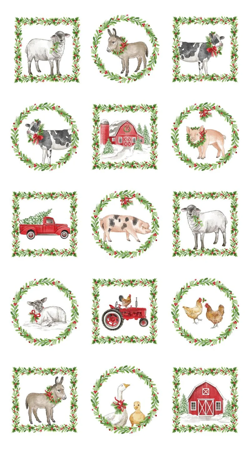 Northcott, Barnyard Christmas, 24 X 43 Block Panel, White Multi