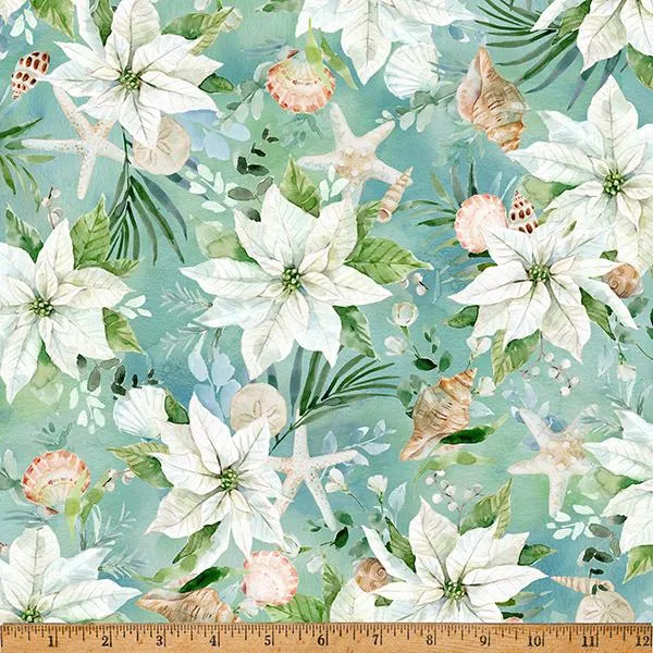 Hoffman Fabrics, Seas & Greetings,White Poinsettias, Aquamarine Blue