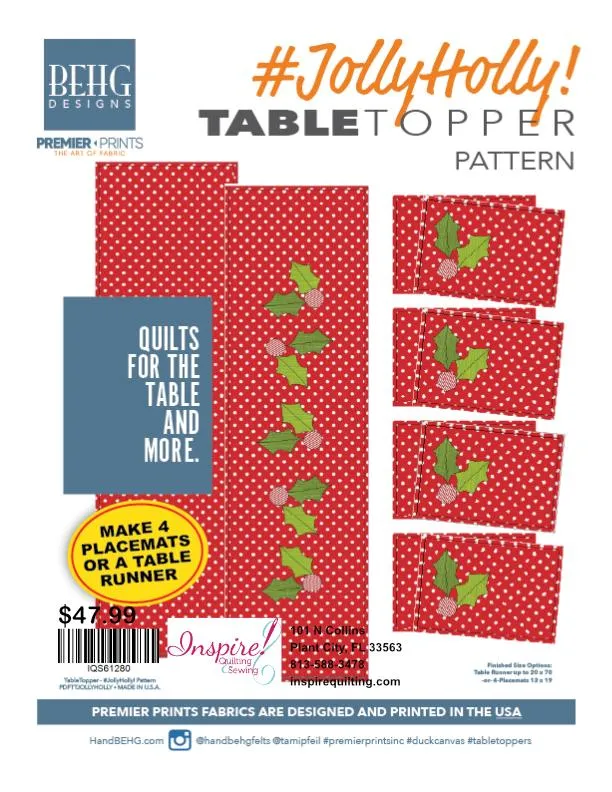 BEHG Designs, Jolly Holly - Table Runner or 4 Place Mats, Canvas Weight