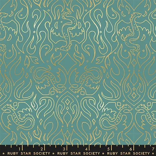 Moda. Ruby Star, Fire Glow Metallic, Damask Flames, Watercress Green