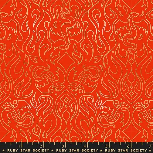 Moda. Ruby Star, Fire Glow Metallic, Damask Flames, Dark Ruby Red