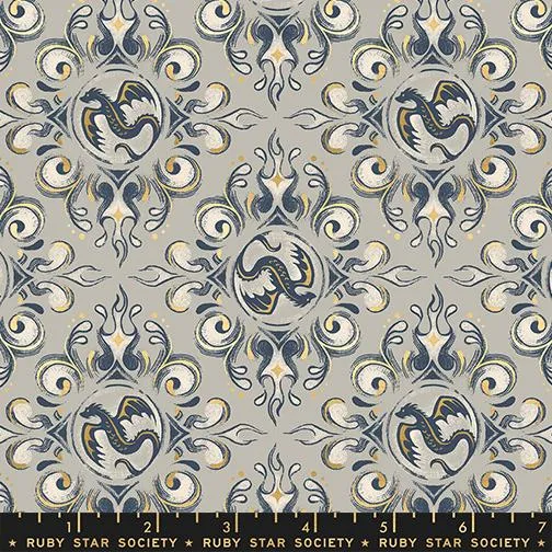 Moda. Ruby Star, Fire Glow Metallic, Medallions, Oyster Gray