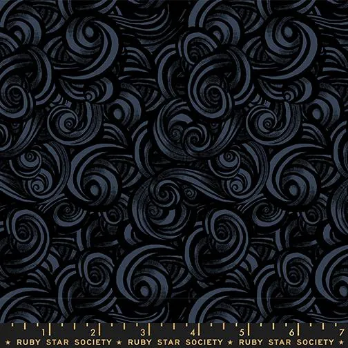 Moda. Ruby Star, Fire Glow Metallic, Swirls, Black