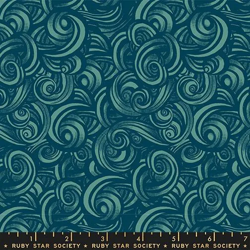 Moda. Ruby Star, Fire Glow Metallic, Swirls, Teal Blue