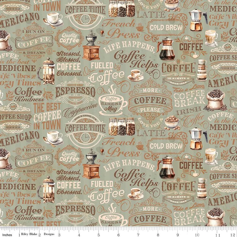 Riley Blake, Coffee Time, Coffee Text, Sage Green
