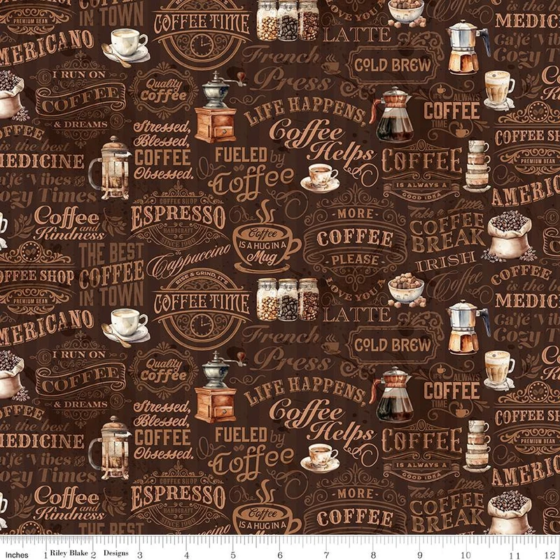Riley Blake, Coffee Time, Coffee Text, Brown