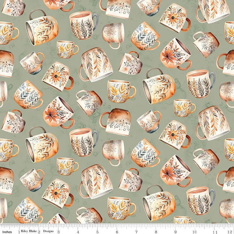 Riley Blake, Coffee Time, Coffee Mugs, Sage Green