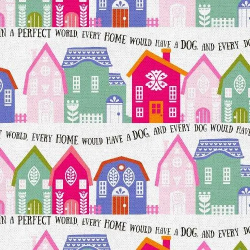 3 Wishes Fabric, Every Home Every Dog, House Stripe with Text, White