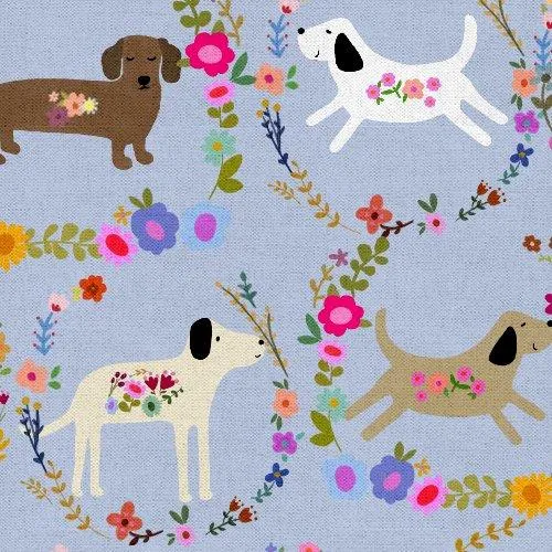 3 Wishes Fabric, Every Home Every Dog, Wreathed Dogs, Periwinkle Blue