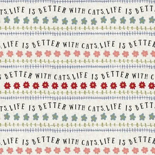 3 Wishes Fabric, Every Home Every Cat, Text Stripe, Cream