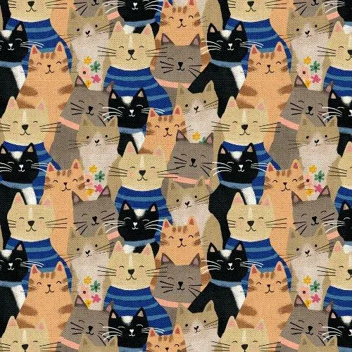 3 Wishes Fabric, Every Home Every Cat, Smiling Cat Faces, Multi