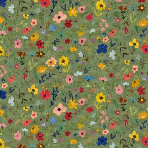 3 Wishes Fabric, Every Home Every Cat, Floral Meadow, Green