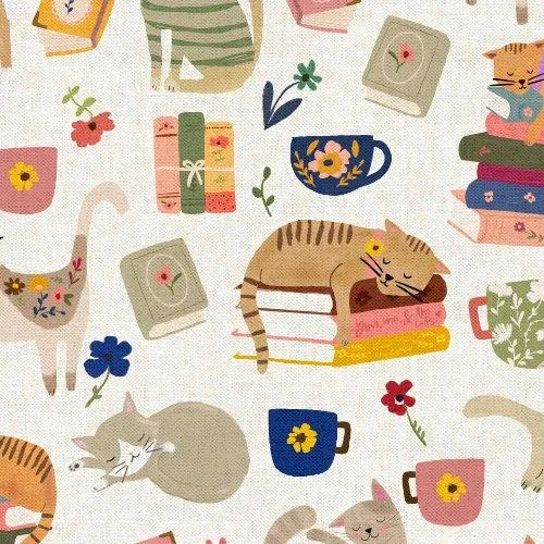 3 Wishes Fabric, Every Home Every Cat, Tossed Cats, Beige