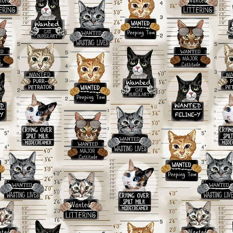 Timeless Treasures, Cat Mugshots, Beige
