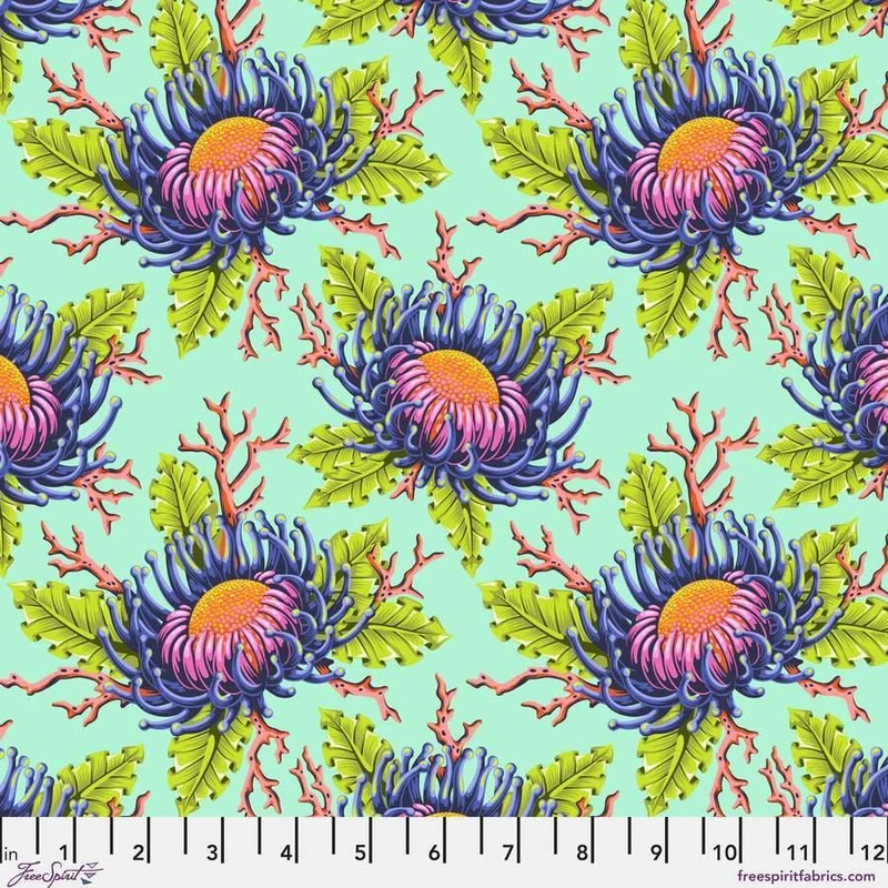 Free Spirit, Tula Pink, Floral Reef, Friends & Anemones, Seafoam