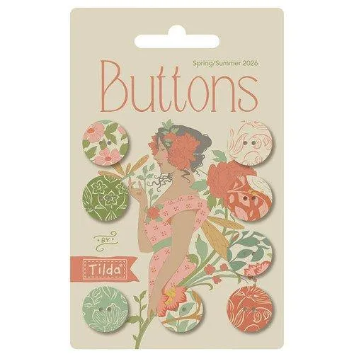 Tilda Songbird Buttons, 8pc .63, Coral/Green