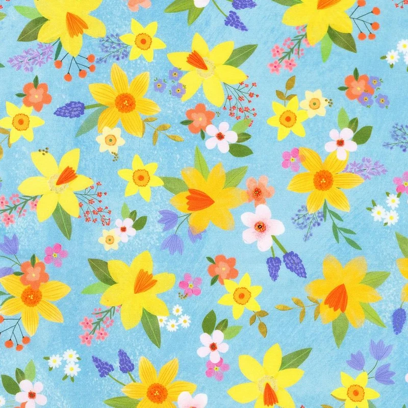 Robert Kaufman, Happy Easter, Yellow Flowers on Blue