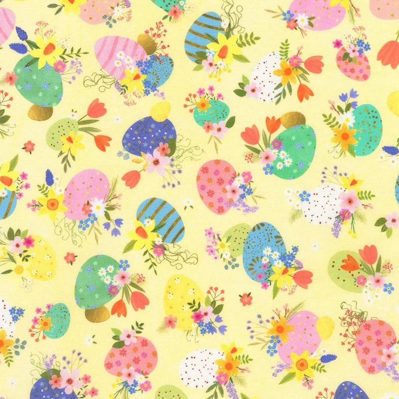 Robert Kaufman, Happy Easter, Eggs & Flowers on Yellow