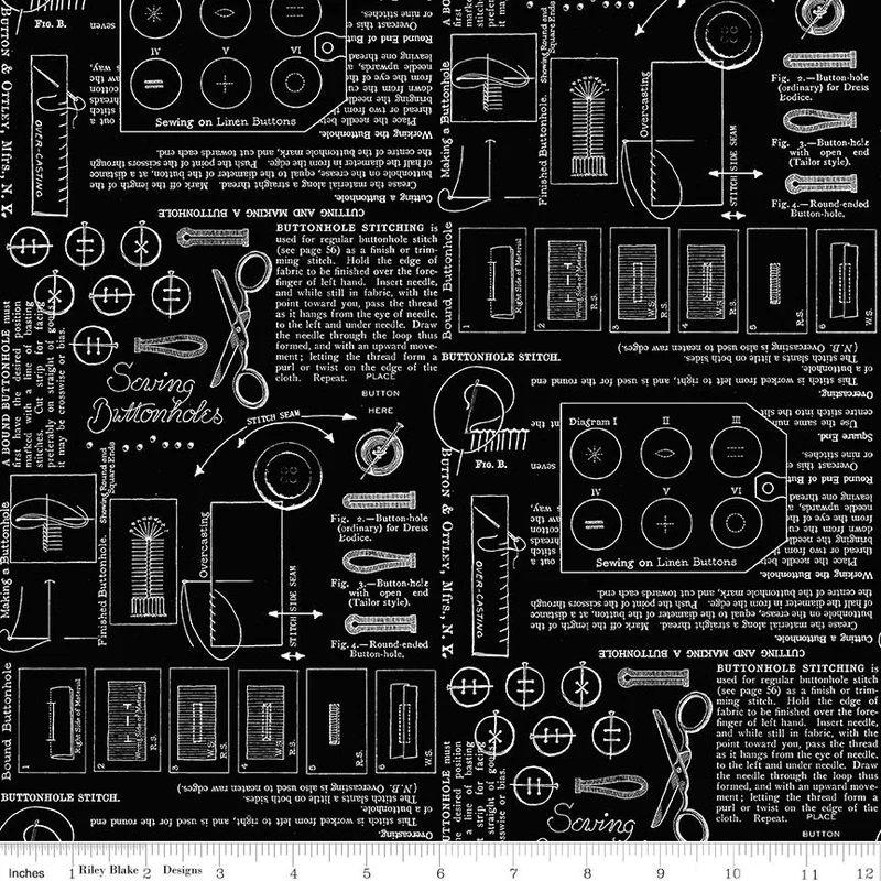 Riley Blake, Sew America, Sewing Notes Text on Black