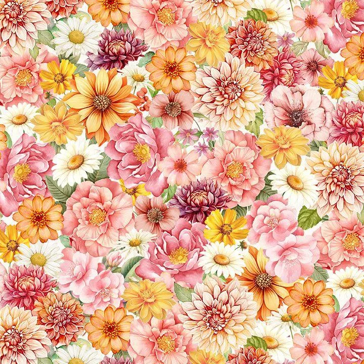 Timeless Treasures, Packed Flowers, Peach & Yellow