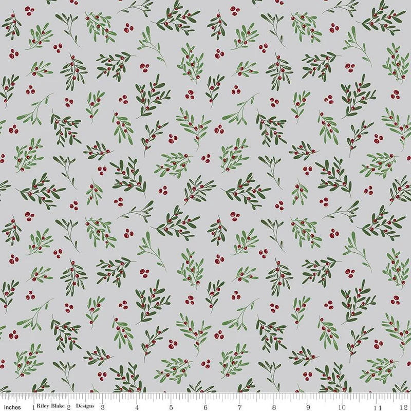 Riley Blake, Mistletoe & Holly,Tossed Sprigs on Silver