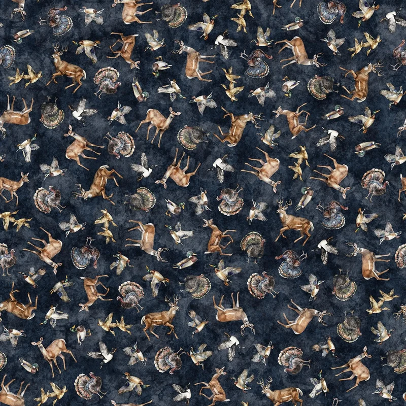 QT Fabrics, Forest, Field & Stream, Wildlife Toss, Navy