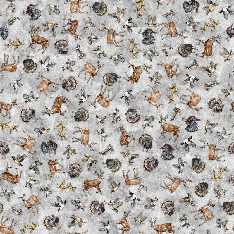 QT Fabrics, Forest, Field & Stream, Wildlife Toss, Gray