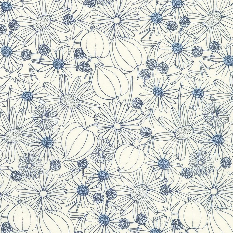 Crystal Lawn, Blue Line Drawing on Cream