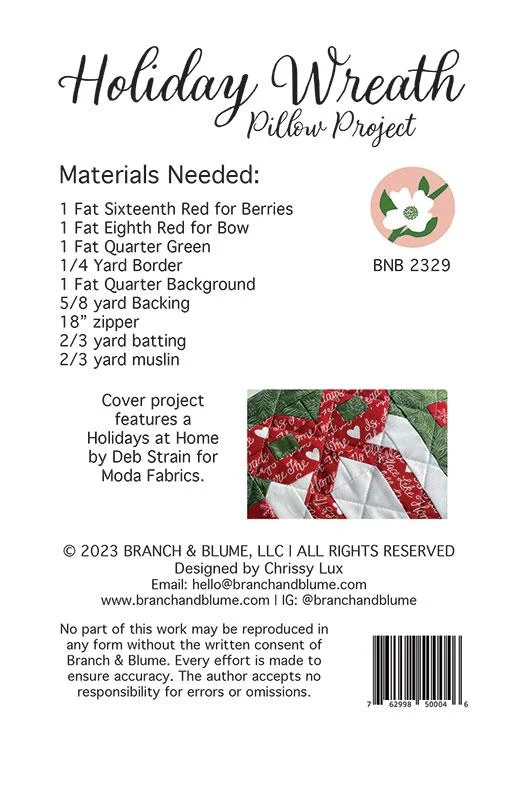 Branch & Blume, Holiday Wreath Pillow Pattern