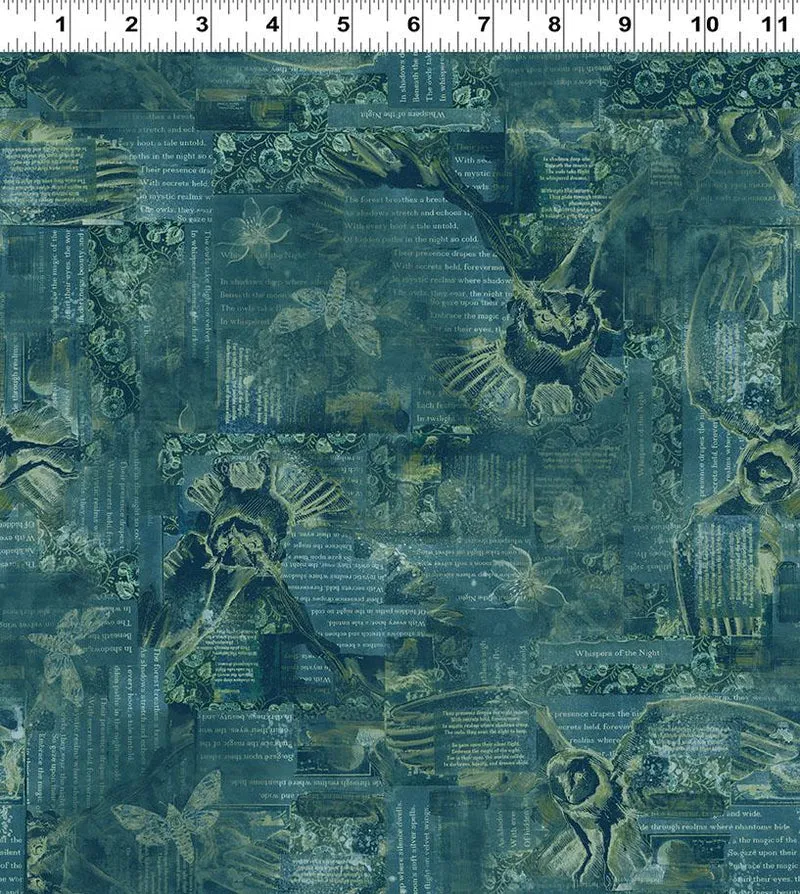 Clothworks, Night Whispers, Owl Collage, Dark Teal