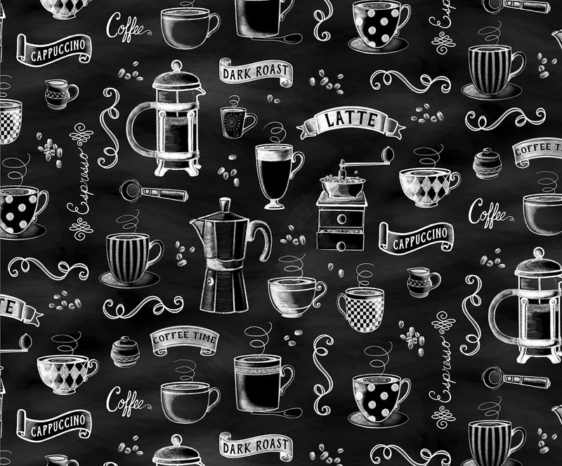 Benartex Fabric, Perfect Brew, Rise 'N Grind, Black & WHiteh