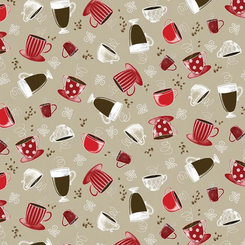 Benartex Fabric, Perfect Brew, Coffee Cups, Ecru