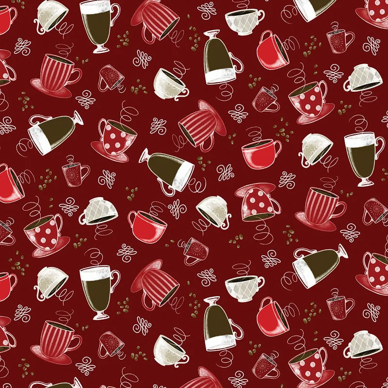 Benartex Fabric, Perfect Brew, Coffee Cups, Deep Red