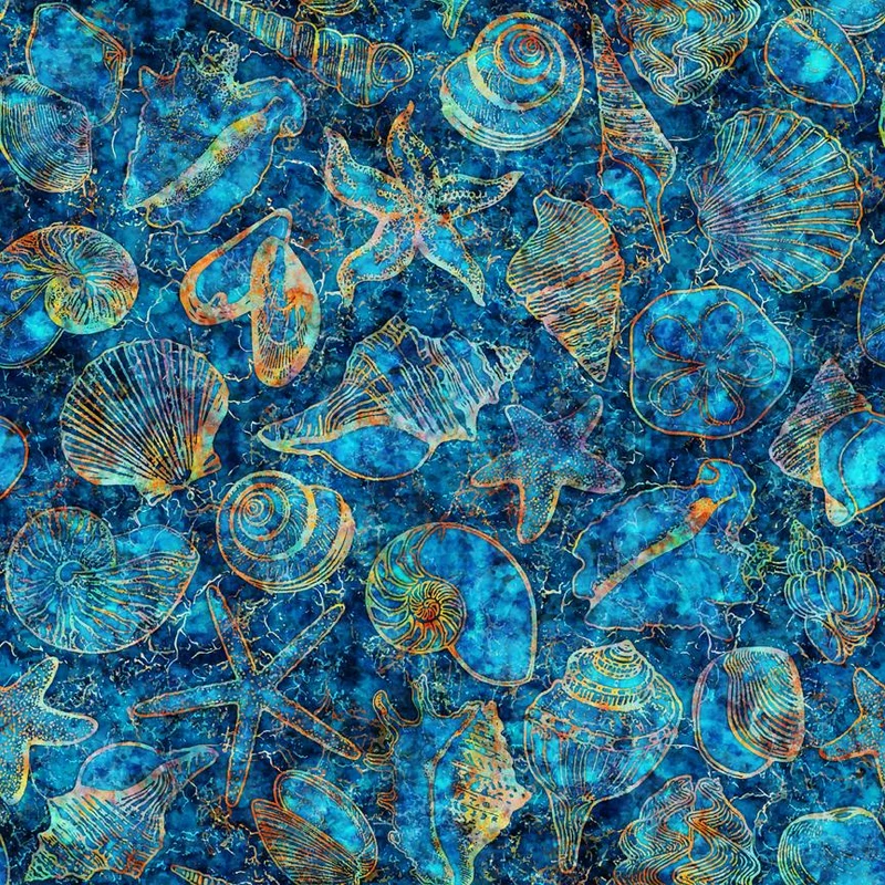 QT Fabrics, Oceana, Seashells, Ocean Blue